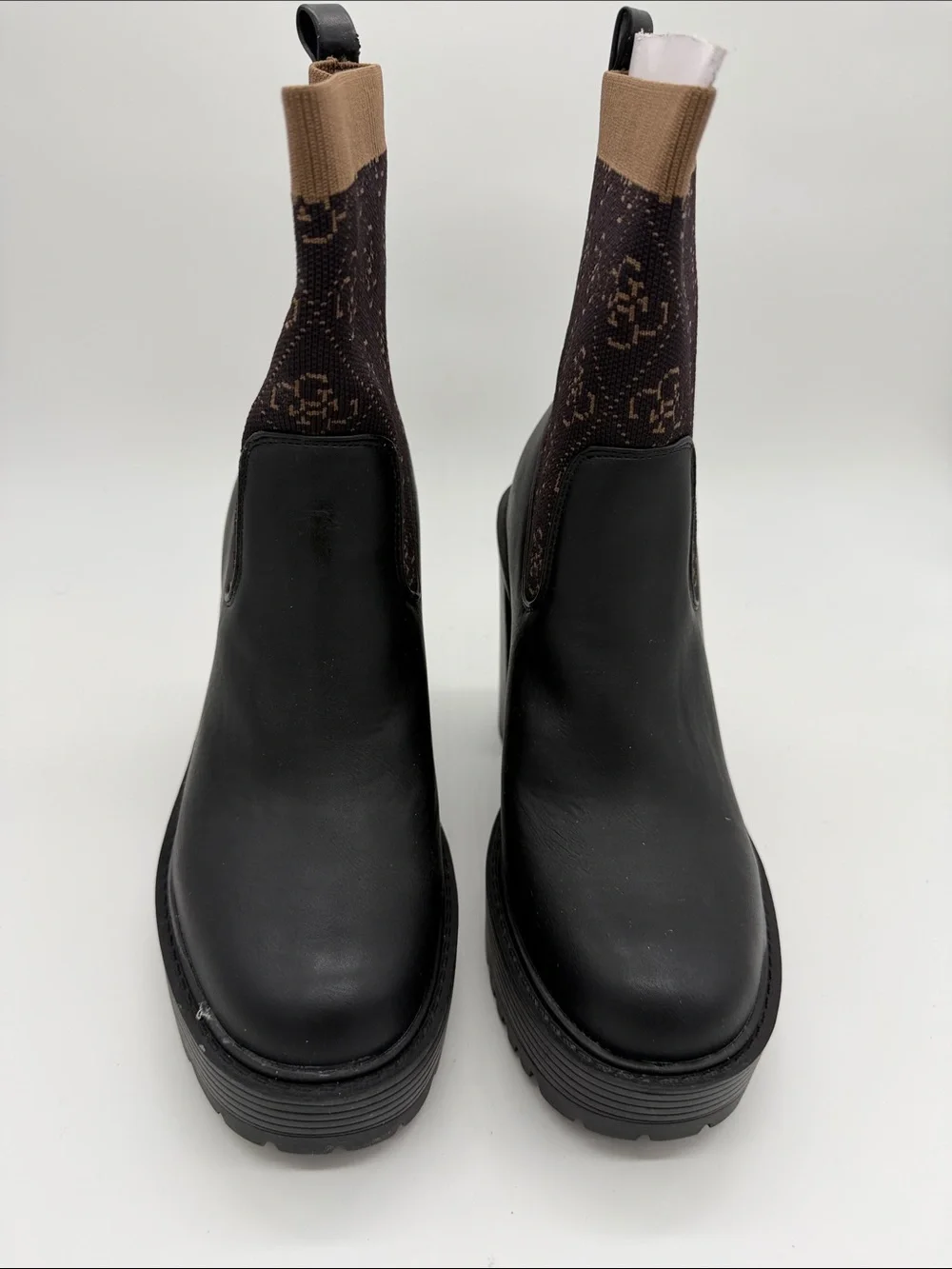 Guess Black Leather Chelsea Booties with Brown Monogram Knit Cuff